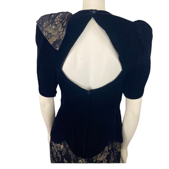 Vintage 80s Scott McClintock Black Velvet Gold Floral Open Back Dress size 10 - Picture 6 of 16